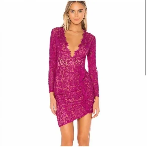 forever unique red lace dress Tamara V-Neckline Ruched Long Sleeve Lace Mesh Dress Red main image 1